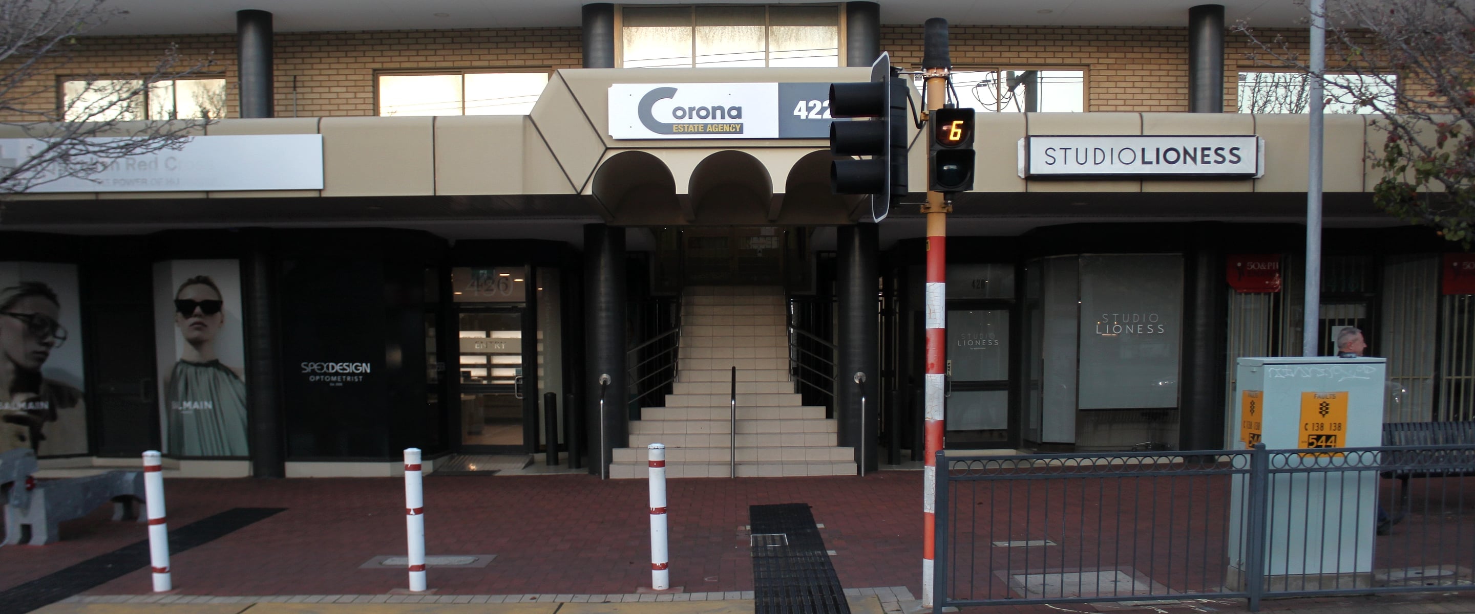 The Fitzgerald Street frontage of our building in North Perth, with the staircase up to our workshop in the centre
